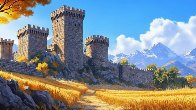 Medieval Stone Castle Towers Over Golden Wheat Field with Distant Mountain Peaks