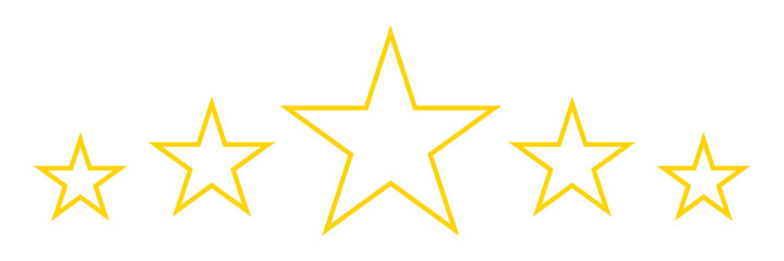 Five golden stars aligned in a row on a plain simple presentation on white background.