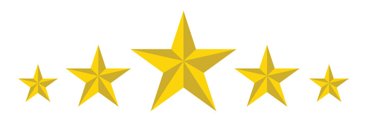 Five golden stars aligned in a row on a plain simple presentation on white background.