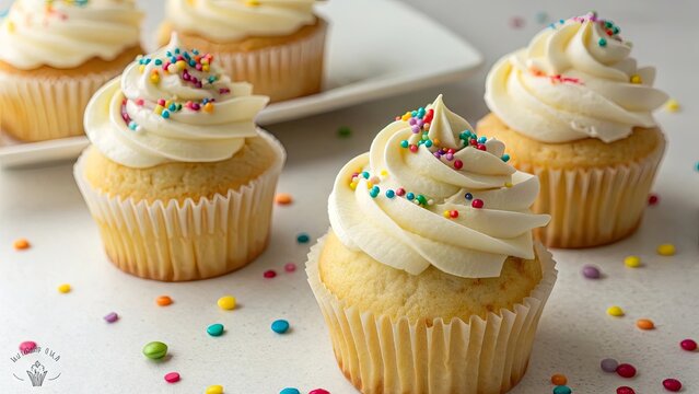 Creamy vanilla cupcakes with colorful sprinkles frosting
