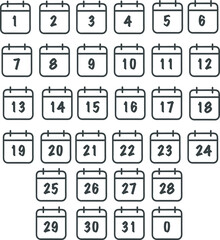 Calendar icons with numbers 1 through 31 and a blank icon representing dates and time management concepts