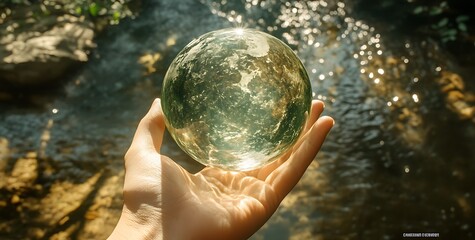 Hand holding green glass sphere reflecting sunlight over water image