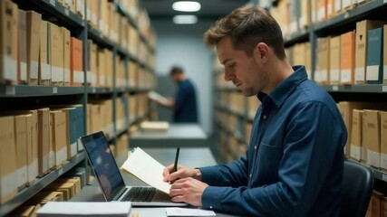 A young Caucasian man with short brown hair works at a laptop in a library filled with boxes. Another person is visible in the background, organizing files. - Powered by Adobe