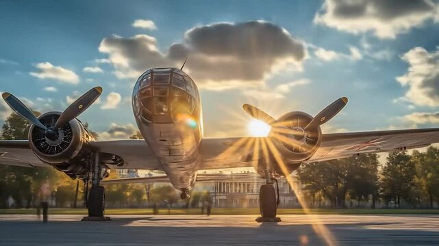 Vintage Airplane at Sunset: A Classic Bomber on the Tarmac with Golden Hour Light