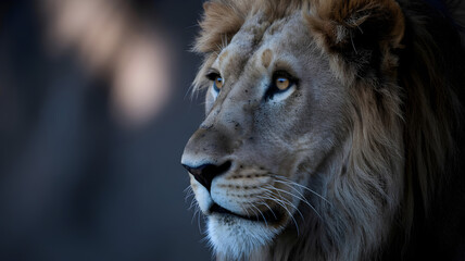 A striking close up of a lion's face, showcasing its powerful features and flowing mane