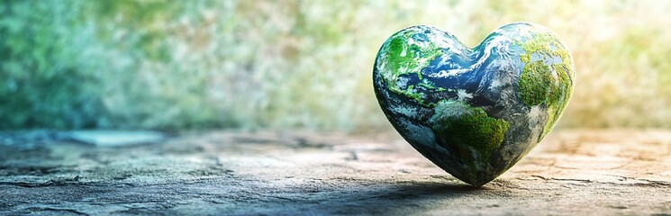 Heart shaped Earth icon with green and blue continents on textured ground planet globe