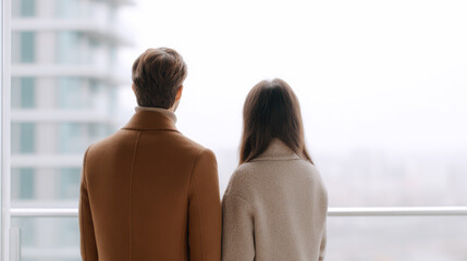 A man and woman wearing coats stand together on a balcony, facing away and looking at the skyline. Urban view, companionship, modern lifestyle