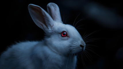 A striking close up of a white rabbit with glowing red eyes, set against a dark background
