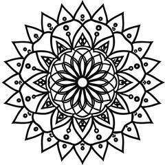 circular floral mandala design in black line art style for decorative and artistic use