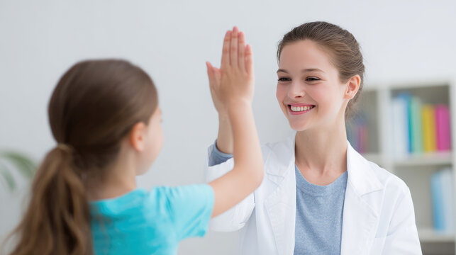 Doctor in a white coat and young girl give each other a high-five in a cheerful office setting. Positive healthcare interaction, teamwork, encouragement