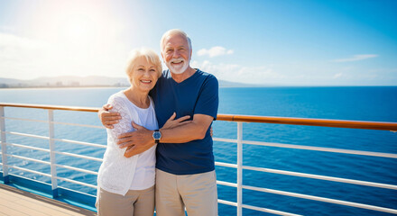 Fototapeta premium Happy beautiful elderly couple of pensioners hugging and smiling, sitting on the deck of a cruise ship, concept of summer vacation for pensioners, hello summer, summer vacation, cruise for elderly peo