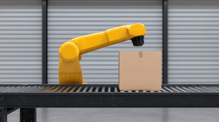 A yellow robotic arm places a cardboard box on a conveyor belt. Automation, robotics, manufacturing, technology