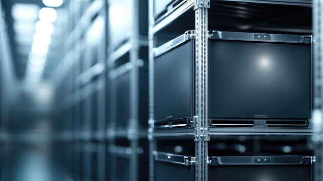Server racks line up in a data center with illuminated equipment. Technology infrastructure and data management