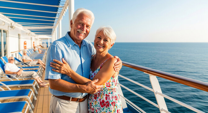 Happy beautiful elderly couple of pensioners hugging and smiling, sitting on the deck of a cruise ship, concept of summer vacation for pensioners, hello summer, summer vacation, cruise for elderly peo