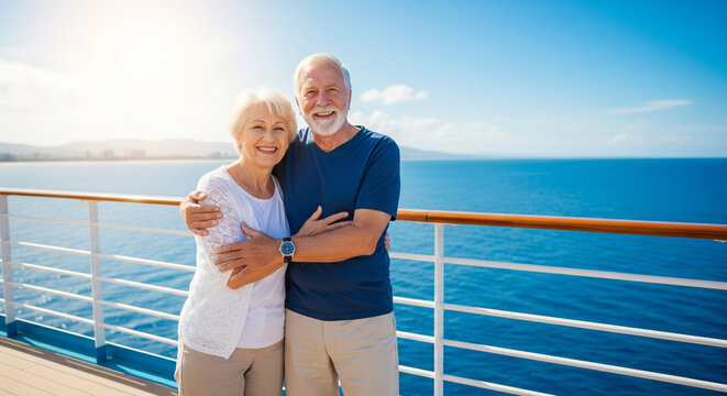Happy beautiful elderly couple of pensioners hugging and smiling, sitting on the deck of a cruise ship, concept of summer vacation for pensioners, hello summer, summer vacation, cruise for elderly peo
