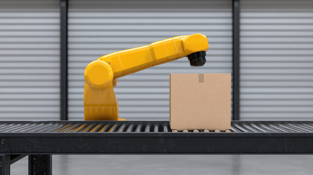 A yellow robotic arm places a cardboard box on a conveyor belt. Automation, robotics, manufacturing, technology