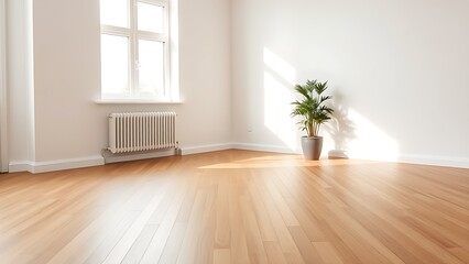 Fototapeta premium Minimalist mid-century modern living space with wooden floors and soft natural light from a window.