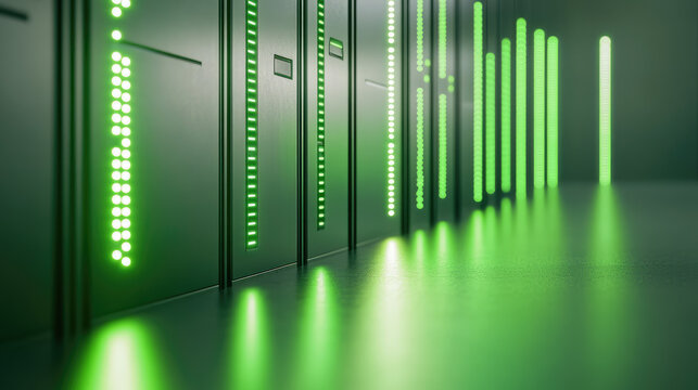 Vertical rows of green LED lights illuminate a sequence of black server racks. Technology, data center, futuristic