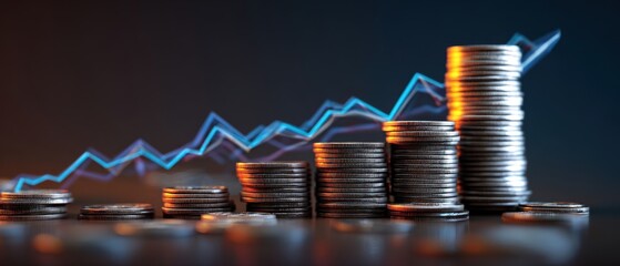 The coins stacked against a rising financial growth chart representing success.