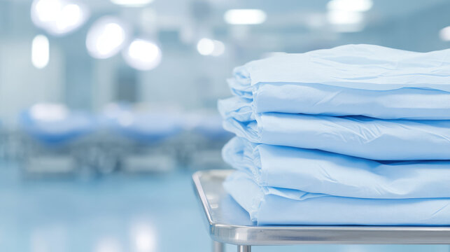 Stack of folded blue medical gowns on a metal tray in a sterile environment. Healthcare, cleanliness, preparation, organization