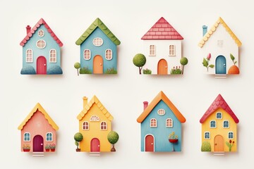 Fototapeta premium Eight charming, colorful miniature houses create a whimsical representation of a neighborhood, symbolizing real estate, community, and the joys of homeownership