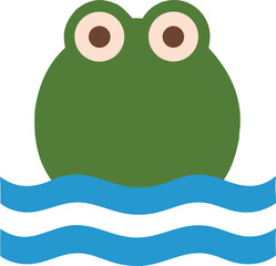 Cute cartoon frog illustration swimming in wavy blue water with its big eyes popping out of the water