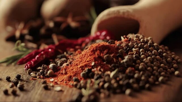 Assorted spices scattered on wooden surface with clay jar nearby  