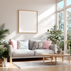 Fototapeta premium Cozy living room interior with sofa and empty picture frame on wall