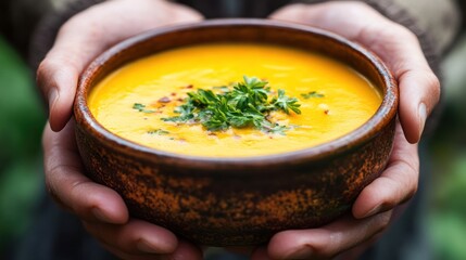 Hands holding a bowl of orange soup