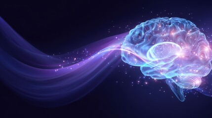 A glowing brain illustration with flowing lines and sparkles, representing creativity and intellect.