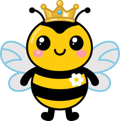Cute Cartoon Queen Bee with Crown and Flower – Flat Vector Illustration for Kids