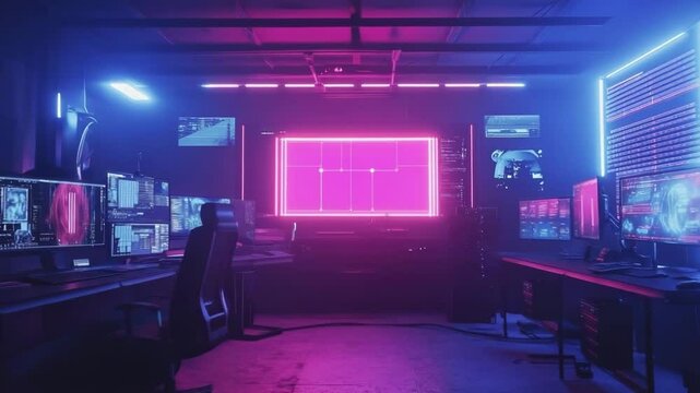 Futuristic gaming setup with neon lights and multiple monitors  