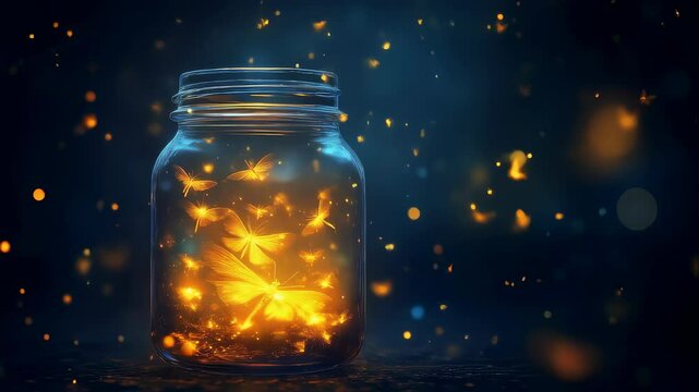 Enchanting fireflies dance in a jar against a mystical bluegold glow