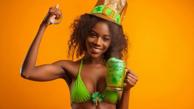 Happy St. Patrick's Day Celebration with Woman in Leprechaun Hat Holding Green Beer