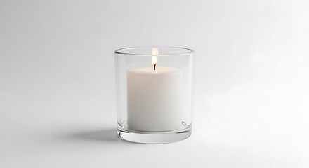 Photo of a single white candle burns brightly inside a clear glass holder, isolated on white background