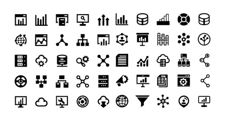 Data Analytics Outline Icon Set – Editable Stroke Vector with Database, Statistics, Server, Monitoring, Computing, and Network Elements