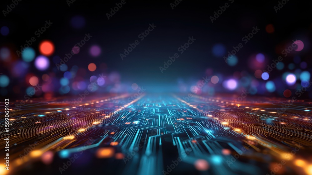 Aufkleber Futuristic digital landscape with glowing circuitry and colorful bokeh lights creating a tech-inspired atmosphere.