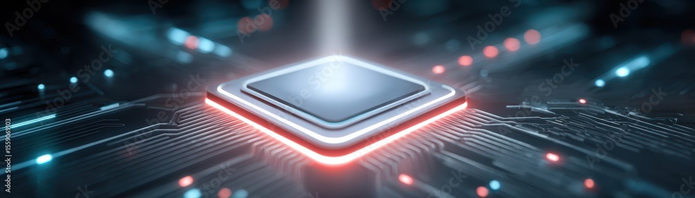 Poster futuristic microprocessor on a circuit board with glowing elements, symbolizing advanced technology 