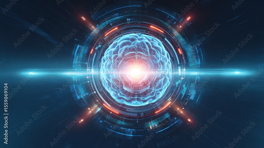 Poster futuristic digital representation of a brain with glowing patterns and light effects, symbolizing te