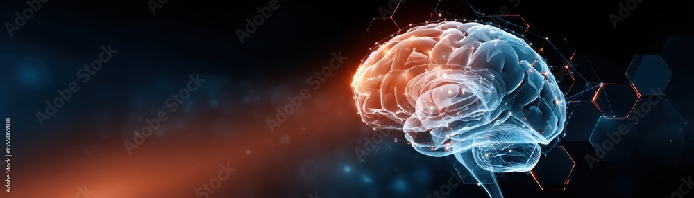Poster digital illustration of a brain with glowing lines and hexagonal patterns, suggesting neural connect