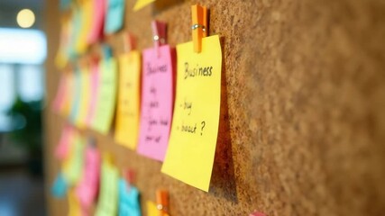 Colorful sticky notes on a corkboard. Notes include various business ideas and reminders. Bright colors create an engaging workspace atmosphere.