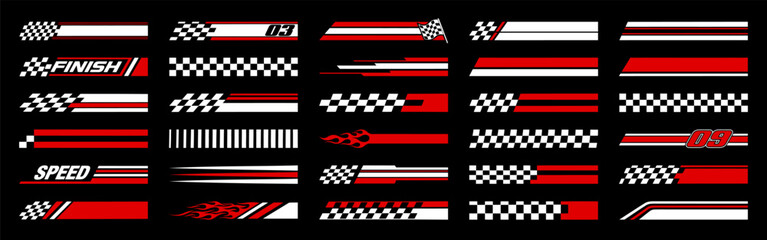 Racing cars and race car stripes set. Checkered flag, motocross labels, dynamic lines, motorsport, racing stripe speed, sport decals, tuning stickers