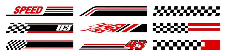 Fototapeta premium Racing cars and race car stripes set. Checkered flag, motocross labels, dynamic lines, motorsport, racing stripe speed, sport decals, tuning stickers