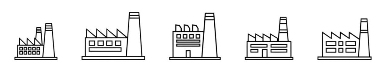 Industrial factory buildings icons set. Business manufacture station, chemical industrial construction.
