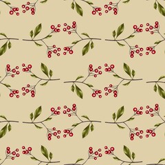 colorful seamless pattern, branches with red berries on a beige background
