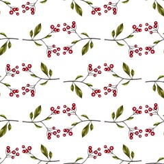 colorful seamless pattern, branches with red berries on a white background