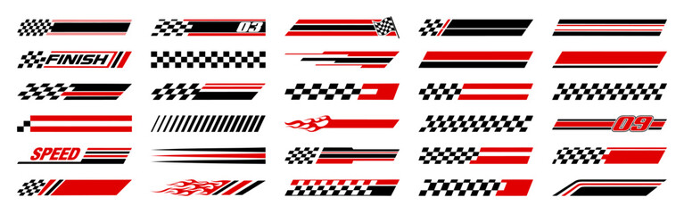 Racing cars and race car stripes set. Checkered flag, motocross labels, dynamic lines, motorsport, racing stripe speed, sport decals, tuning stickers