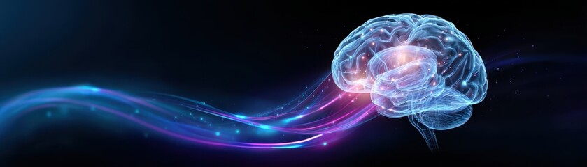 Obraz premium The image depicts a glowing brain with vibrant, flowing lines, symbolizing intelligence and creativity.