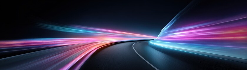 Dynamic light trails swirl along a dark road, creating a sense of speed and movement in a vibrant, abstract representation of nighttime travel.