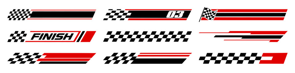 Racing cars and race car stripes set. Checkered flag, motocross labels, dynamic lines, motorsport, racing stripe speed, sport decals, tuning stickers
